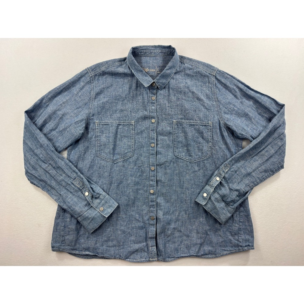 Gap 1969 Womens Large Blue Linen Cotton Blend Snap Front Chambray Shirt